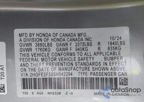 2025 Honda Civic Sport z USA, uszkodzony, nr VIN 2HGFE2F58SH542294